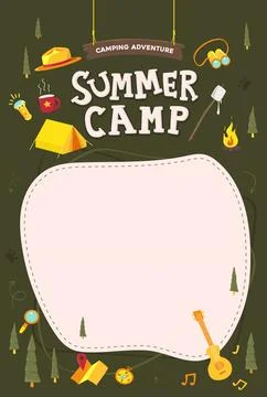 Summer camp poster template with blank space and fun camping icons like ten.. Stock Illustration