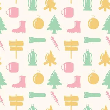 Summer Camp Seamless Pattern Design of Camping and Traveling in Template Ha.. Stock Illustration