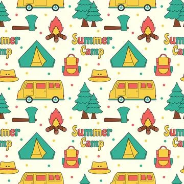 Summer Camp Seamless Pattern Design of Camping and Traveling Element in Tem.. Stock Illustration