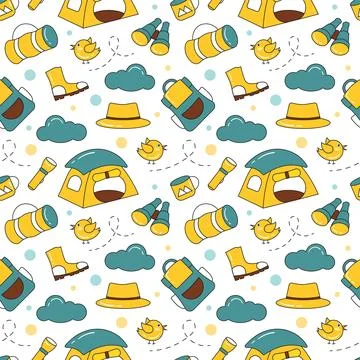 Summer Camp Seamless Pattern Design of Camping and Traveling Element in Tem.. Stock Illustration