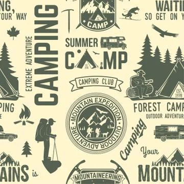 Summer camp seamless pattern or background. Illustrazione stock