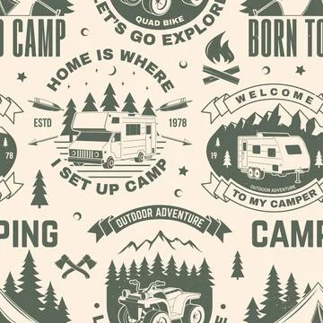 Summer camp seamless pattern or background. Vector Seamless scene with quad bike Stock Illustration