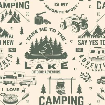 Summer camp seamless pattern or background. Vector Seamless scene with quad bike Stock Illustration