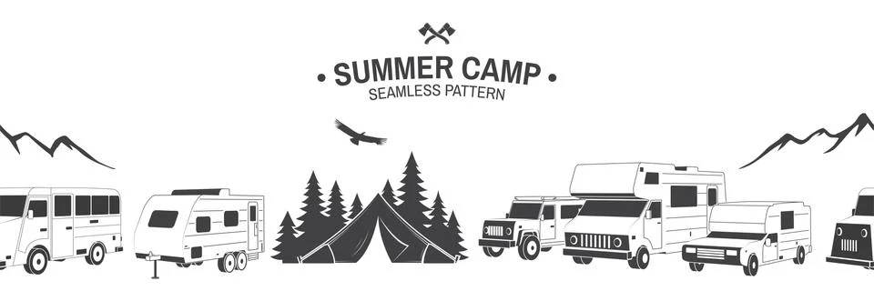 Summer camp seamless pattern. Vector Outdoor adventure background for wallpaper Stock Illustration