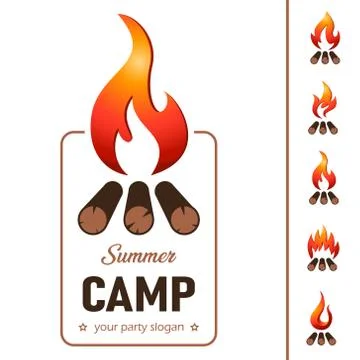 Summer camp template wiht fire flame and wood - logo design 스톡 일러스트
