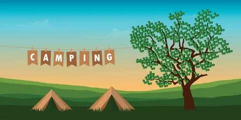 Summer camp tents between trees on meadow with mountain view Stock Illustration