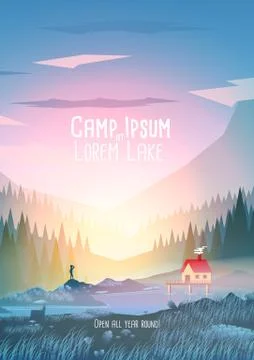 Summer Camp Vacation Poster with Mountain Lake - Vector Illustration Stock Illustration