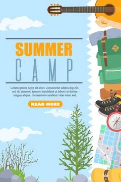 Summer camp web banner decorated with different traveling accessories Stock Illustration