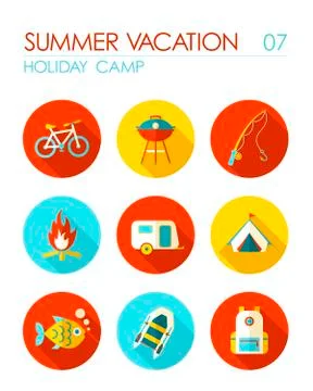 Summer camping flat icon set. Holiday Stock Illustration