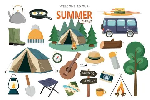 Summer camping items set. Summer travel and picnic stuff. Tourism and adventure Stock Illustration