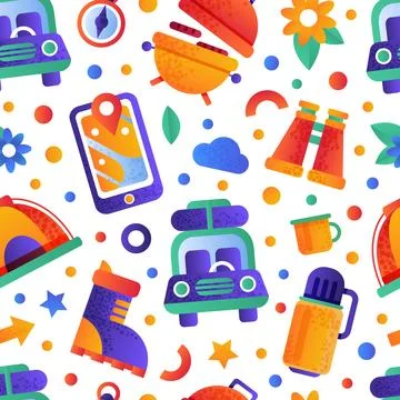 Summer camping objects seamless pattern. Wallpaper, textile, background with Stock Illustration