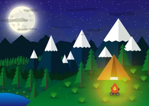 Summer Campsite with a campfire Stock Illustration