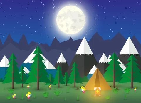 Summer Campsite with a campfire Stock Illustration