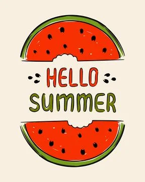 Summer card featuring a hand drawn watermelon with the words hello summer for Stock Illustration
