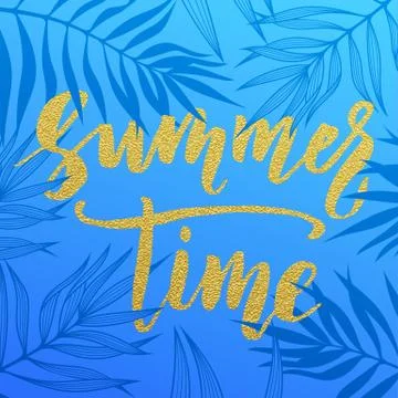 Summer card palm leaf pattern. Hand drawn gold lettering. Stock Illustration