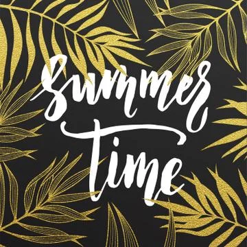 Summer card palm leaf pattern. Hand drawn gold lettering. Stock Illustration