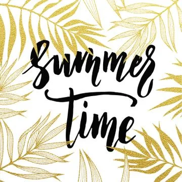 Summer card palm leaf pattern. Hand drawn gold lettering. Stock Illustration