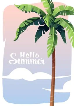 Summer card with a palm tree on the background of the sky. Simple vector desi Illustrazione stock