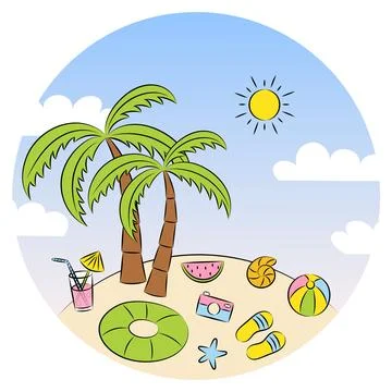 Summer card of palm tree with sun and leisure items against blue sky 스톡 일러스트