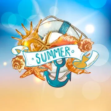 Summer Card with Sea Shells, Anchor, Lifeline Stock Illustration