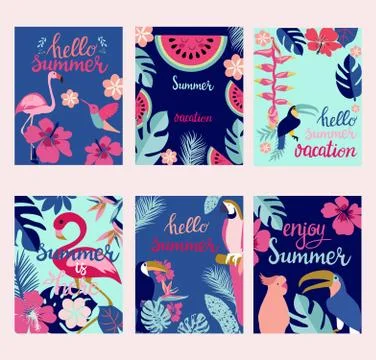 Summer card set, elements with quotes, calligraphy, flowers, birds, Illustrazione stock