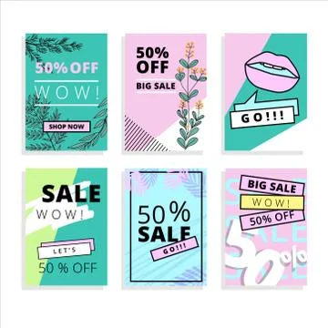 Summer card set. Vector collection of bright summer cards. Hand-draw flowers Stock Illustration