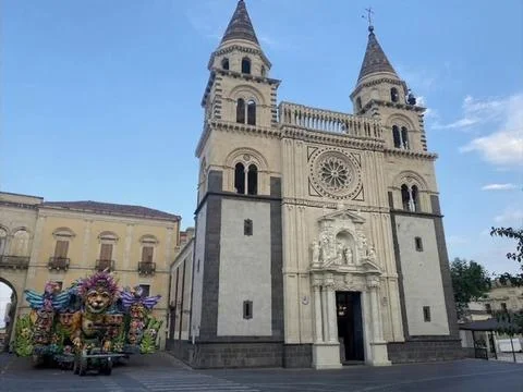 Summer Carnival Float in the Square and Acireale Cathedral Stock Photos
