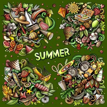 Summer cartoon vector doodle designs set. Stock Illustration