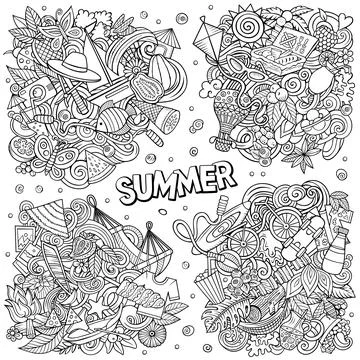 Summer cartoon vector doodle designs set. 스톡 일러스트