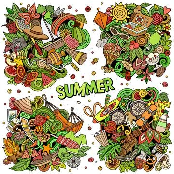 Summer cartoon vector doodle designs set. 스톡 일러스트
