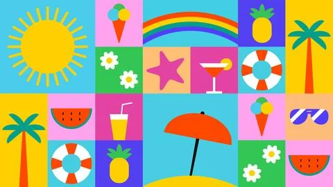 Summer checkered pattern with geometric minimal beach and tropical icons Stock Illustration