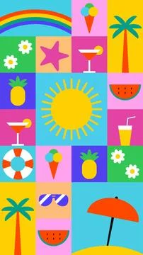 Summer checkered pattern with geometric minimal beach and tropical icons Stock Illustration