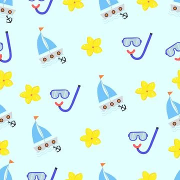 Summer children s boat pattern, swimming mask, and yellow flowers. Vector i.. Stock Illustration