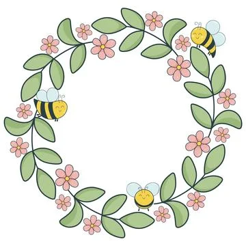 Summer circular floral frame with bees, isolated vector illustration Stock Illustration