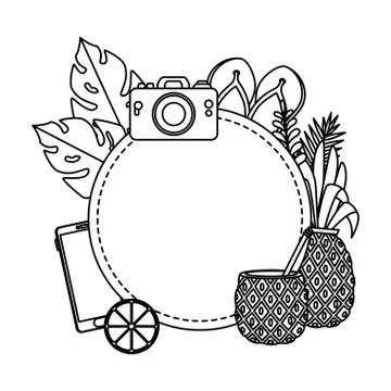 Summer circular frame with camera and pineapple 스톡 일러스트