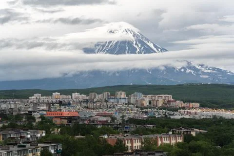 Summer city scape of Kamchatka Peninsula residential building Petropavlovsk City Stock Photos