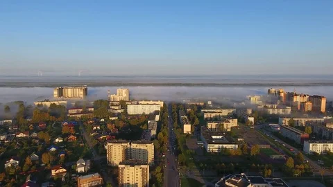 Summer cityscape in mist aerial view Vídeo Stock 80457330