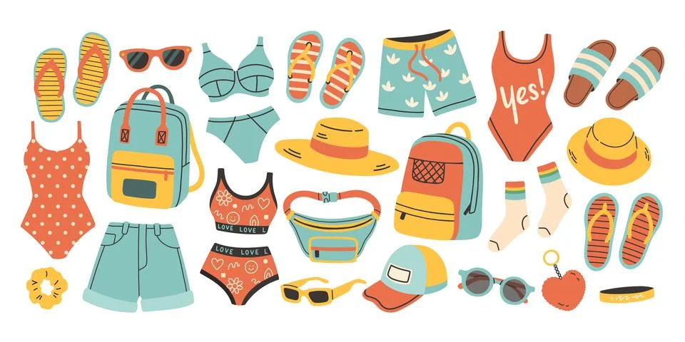 Summer clothes vector set for sticker. Bright summertime poster. Collection イラスト素材