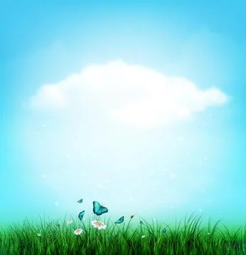 Summer, Cloud, Sky, Grass, Flower And Butterflies Stock Illustration