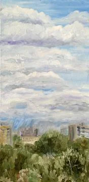 Summer cloudy sky over the city, oil painting Stock Illustration