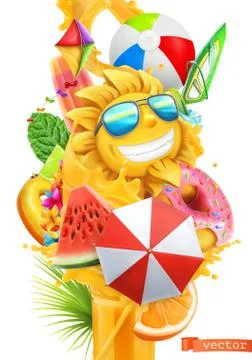 Summer cocktail 3d vector. Splash of juice and sweet tropical fruits Stock Illustration