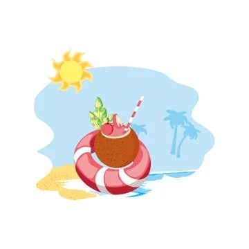 Summer cocktail of coconut in the beach with float Illustrazione stock