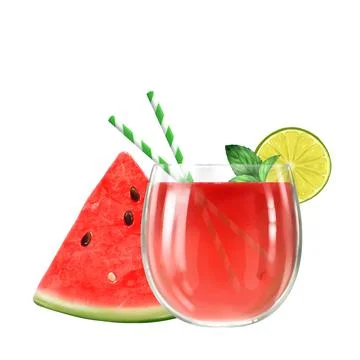 Summer cocktail with drinking straw, lime and watermelon slice Stock Illustration