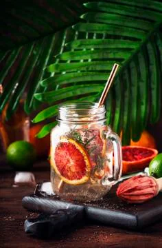 Summer cold soft drink with red orange, soda, citrus fruit juice and chia see Stock Photos