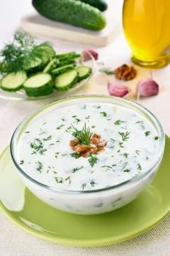 Summer cold soup with cucumbers Stock Photos