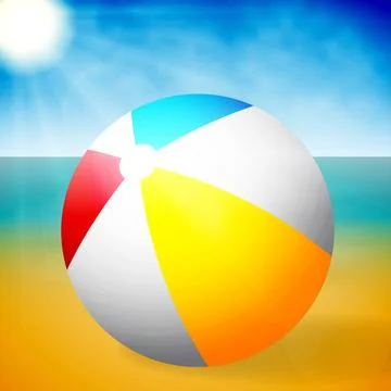 Summer colored rubber inflatable beach ball on abstract beach background. Stock Illustration