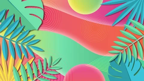 Summer colorful background 4K, flat animation with tropical leaves, looped Stock Footage 132511223