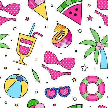 Summer Colorful Design with Bright Beach Objects Vector Seamless Pattern Stock Illustration