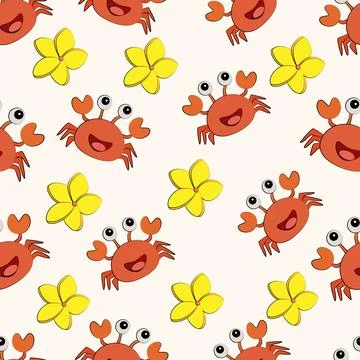 Summer colorful pattern with cute sea crab and yellow flowers. vector illustr Stock Illustration