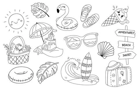 Summer coloring page with beach elements and cute drawings Stock Illustration